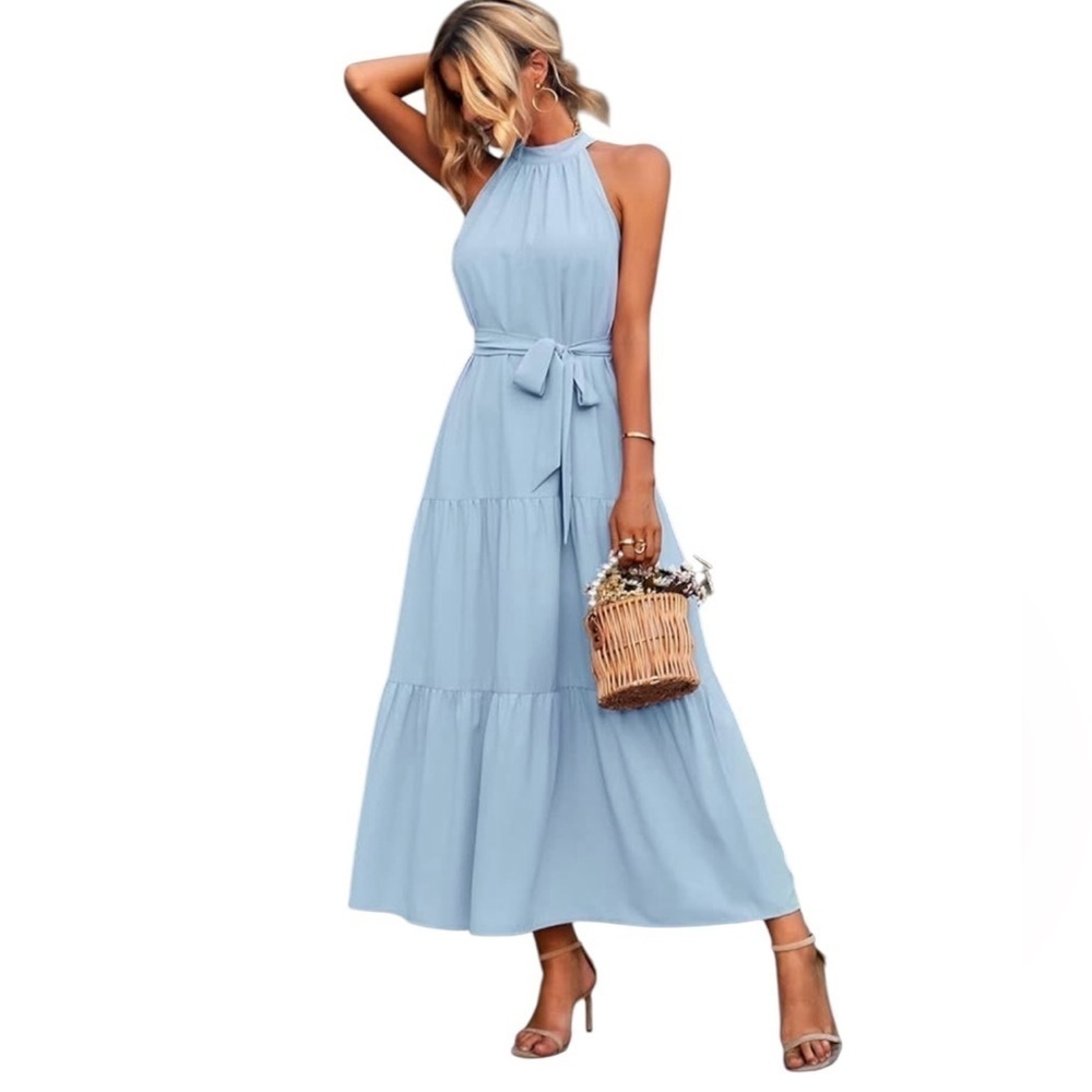 PRETTYGARDEN Summer Maxi Dress Halter Neck Flowy Ruffle Hem Boho Dress Belted L - Picture 2 of 10